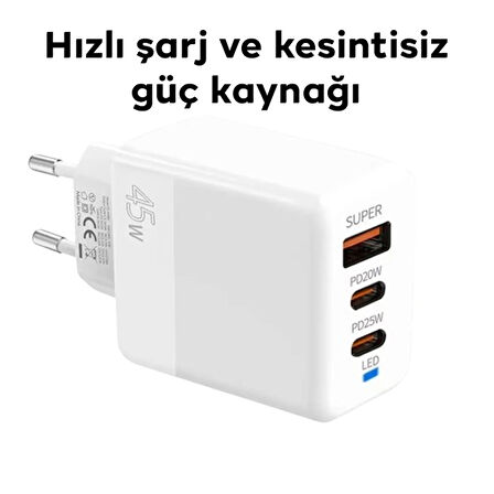 ALLY PD40 2xType-C + USB QC3.0 PD 45W Hizli Sarj Adaptörü Sarj Basligi