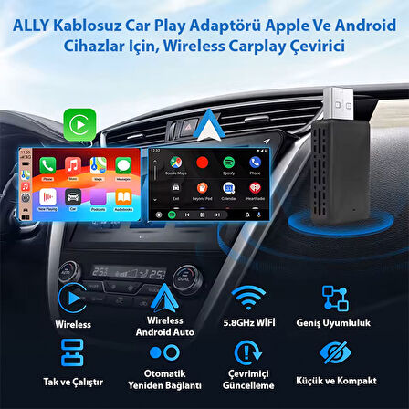 ALLY Kablosuz Car Play Adaptörü Apple Ve Android Cihazlar Için, Wireless Carplay Çevirici