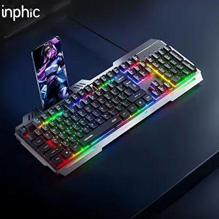 Inphic K2 USB Kablolu Oyun Klavyesi 104-Key Sessiz Oyun Klavyesi Bilgisayar Laptop için Cep telefonu yerleştirme alanı