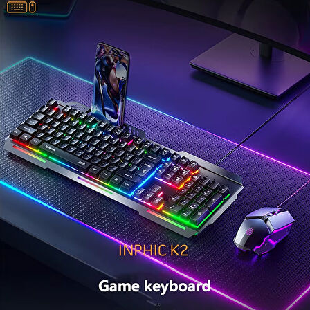 Inphic K2 USB Kablolu Oyun Klavyesi 104-Key Sessiz Oyun Klavyesi Bilgisayar Laptop için Cep telefonu yerleştirme alanı