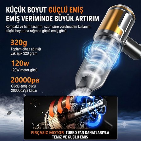 EZERE Nanovac 20000pa Güçlü Portatif Vakumlu Kablosuz Üflemeli Mini Araç Süpürgesi