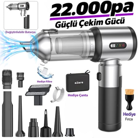 Ezere DuoForceVac 22000pa  Güçlü Portatif Taşınabilir Vakumlu Kablosuz Üflemeli Mini Araç Süpürgesi