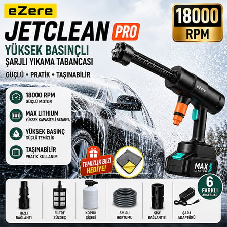 Ezere JetClean Pro 18000rpm  Şarjlı Yüksek Basınçlı Araç ve Bahçe Yıkama Temizleme Tabancası