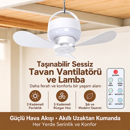 Ezere AeroSnap LED Kamp Tavan Fanı ve Taşınabilir Şarjlı Tavan Vantilatörü
