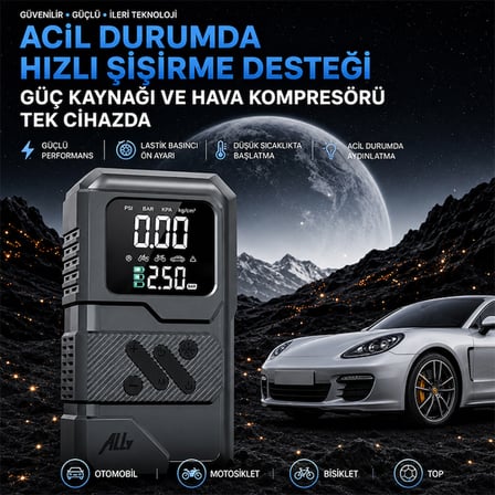 ALLY 4 in1 Jump Starter Lastik Sisirme Pompası Ve Powerbank Özellikli Starter Akü Takviye Seti