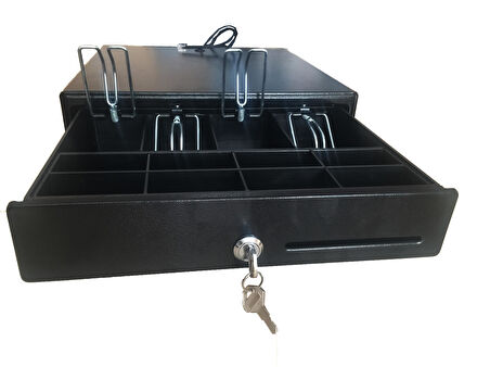 Metal Siyah Para Çekmecesi 4 Banknotlu 8 Bozuk Para Haznesi      33 x 36 - 9 Cm Europe  RJ11 -12V - 3 Pozisyonlu Anahtar Kilidi