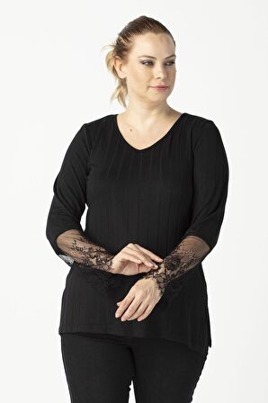 1954 Siyah Kol Ucu Dantelli Şık Esnek Büyük Beden Triko Bluz