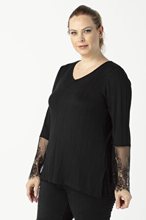 1954 Siyah Kol Ucu Dantelli Şık Esnek Büyük Beden Triko Bluz