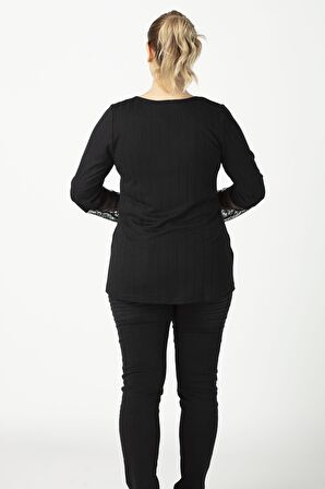 1954 Siyah Kol Ucu Dantelli Şık Esnek Büyük Beden Triko Bluz