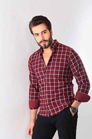 Marisso Erkek Kare Desenli Uzun Kol %100 Pamuk Gömlek 1502 Bordo