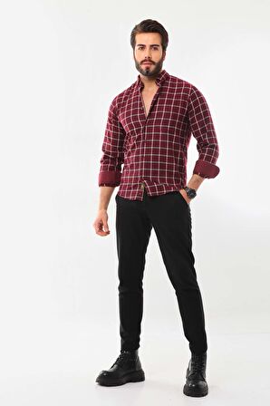 Marisso Erkek Kare Desenli Uzun Kol %100 Pamuk Gömlek 1502 Bordo