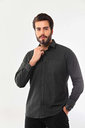 Marisso Erkek Cep Detaylı Uzun Kol %100 Pamuk Gömlek 019NS Koyu Yeşil