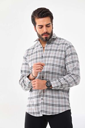 Marisso Erkek Cep Detaylı Çizgili Uzun Kol %100 Pamuk Gömlek 019HL Gri