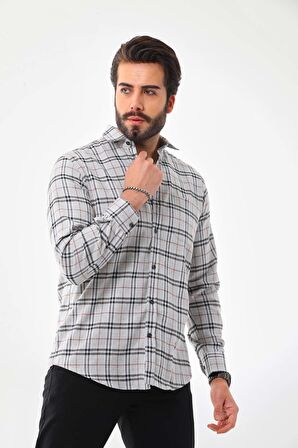 Marisso Erkek Cep Detaylı Çizgili Uzun Kol %100 Pamuk Gömlek 019HL Gri