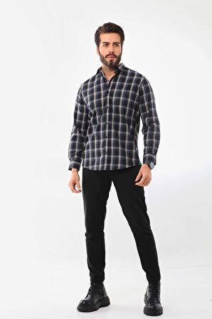 Marisso Erkek Çizgili Cepli Uzun Kol %100 Pamuk Gömlek 019SB Koyu Lacivert