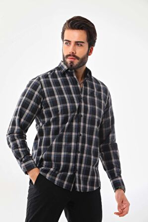 Marisso Erkek Çizgili Cepli Uzun Kol %100 Pamuk Gömlek 019SB Koyu Lacivert