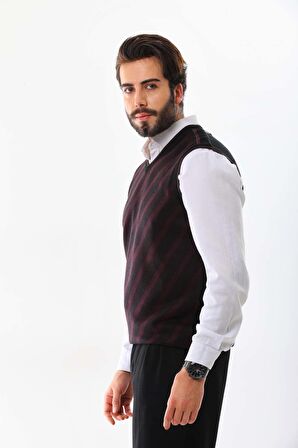 Pelikan Erkek Çizgili V Yaka Süveter 9625 Bordo