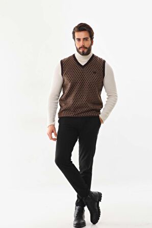 Pelikan Erkek V Yaka Desenli Süveter 7627 Kahverengi