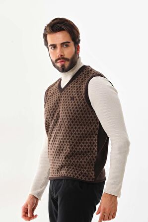 Pelikan Erkek V Yaka Desenli Süveter 7627 Kahverengi