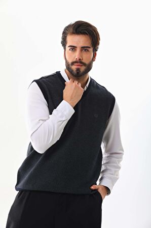 Pelikan Erkek V Yaka Desenli Süveter 7612 Füme