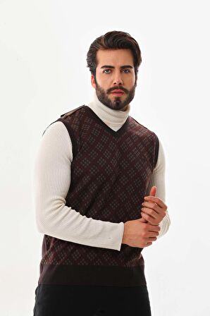 Pelikan Erkek V Yaka Desenli Süveter 9614 Kahverengi