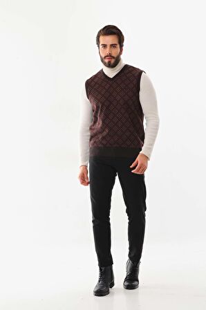 Pelikan Erkek V Yaka Desenli Süveter 9614 Kahverengi