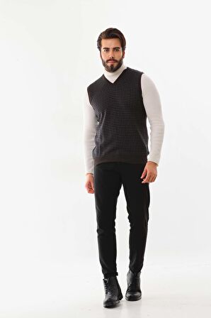 Pelikan Erkek V Yaka Desenli Yün Süveter 4P17 Kahverengi