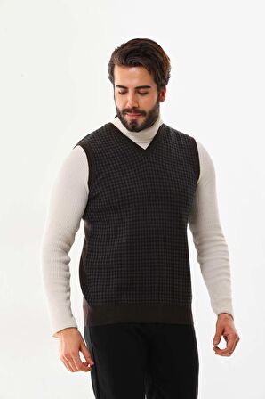 Pelikan Erkek V Yaka Desenli Yün Süveter 4P17 Kahverengi