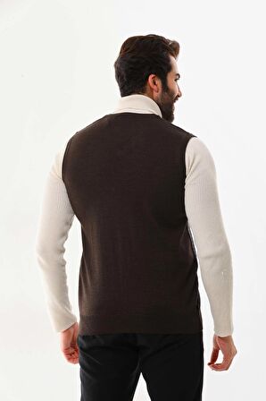 Pelikan Erkek V Yaka Desenli Yün Süveter 4P17 Kahverengi