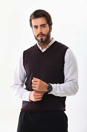 Pelikan Erkek V Yaka Desenli Yün Süveter 4P17 Bordo