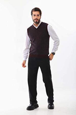 Pelikan Erkek V Yaka Desenli Yün Süveter 4P17 Bordo