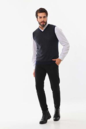 Pelikan Erkek V Yaka Desenli Yün Süveter 4P17 Lacivert