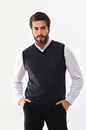 Pelikan Erkek V Yaka Desenli Yün Süveter 4P17 Lacivert