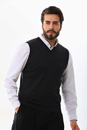 Pelikan Erkek V Yaka Desenli Yün Süveter 4P17 Antrasit