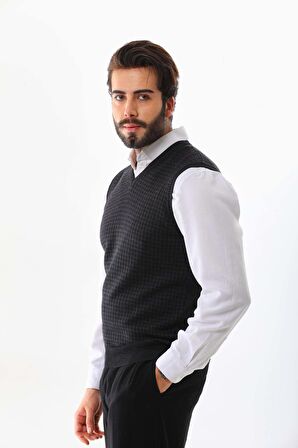 Pelikan Erkek V Yaka Desenli Yün Süveter 4P17 Antrasit