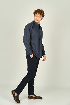 Mugi Erkek Uzun Kollu Tek Cepli %100 Pamuk Gömlek 4100 Indigo