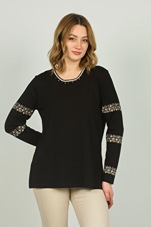 Detay Triko Kadın Bisiklet Yaka Kolları ve Yakası İşlemeli Uzun Kol Bluz 4539 Siyah