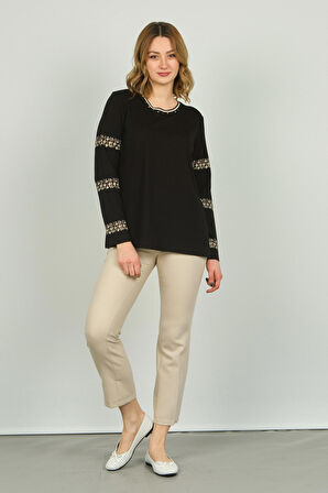 Detay Triko Kadın Bisiklet Yaka Kolları ve Yakası İşlemeli Uzun Kol Bluz 4539 Siyah