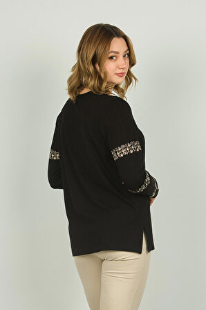 Detay Triko Kadın Bisiklet Yaka Kolları ve Yakası İşlemeli Uzun Kol Bluz 4539 Siyah