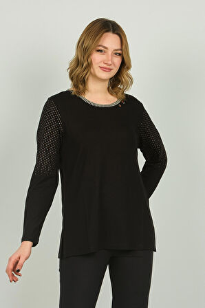 Detay Triko Kadın Bisiklet Yaka Süsleme Detaylı Uzun Kol Bluz 4530 Siyah