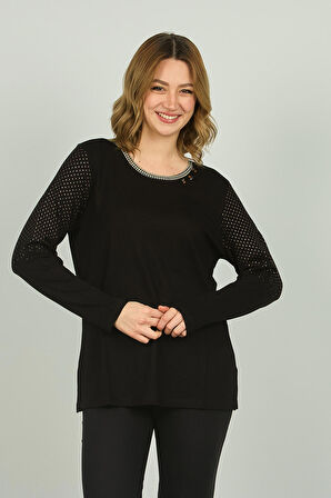 Detay Triko Kadın Bisiklet Yaka Süsleme Detaylı Uzun Kol Bluz 4530 Siyah