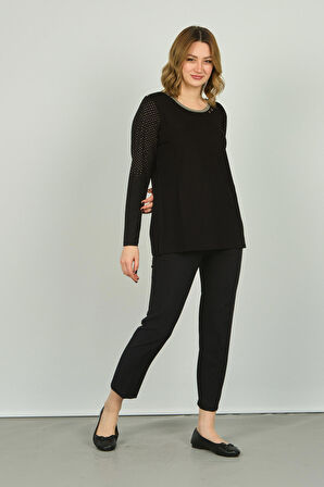 Detay Triko Kadın Bisiklet Yaka Süsleme Detaylı Uzun Kol Bluz 4530 Siyah