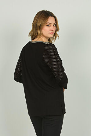 Detay Triko Kadın Bisiklet Yaka Süsleme Detaylı Uzun Kol Bluz 4530 Siyah
