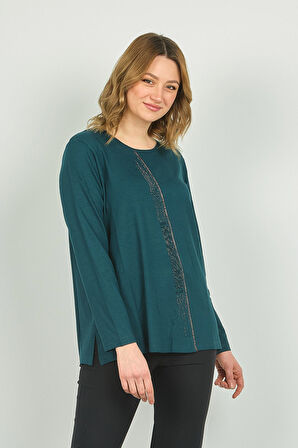 Detay Triko Kadın Bisiklet Yaka Taş İşlemeli Uzun Kol Bluz 4565 Zümrüt