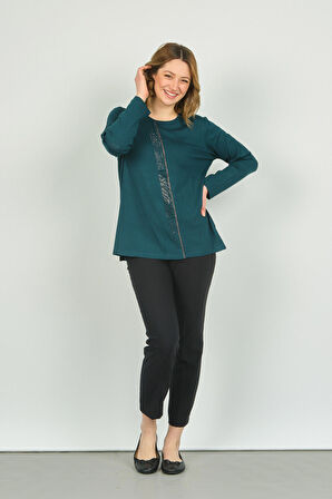 Detay Triko Kadın Bisiklet Yaka Taş İşlemeli Uzun Kol Bluz 4565 Zümrüt