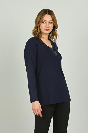 Detay Triko Kadın V Yaka Taş Süslemeli Uzun Kol Bluz 4588 Lacivert
