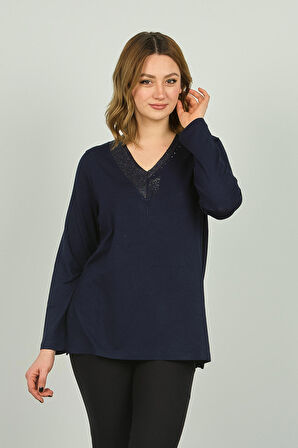 Detay Triko Kadın V Yaka Taş Süslemeli Uzun Kol Bluz 4588 Lacivert