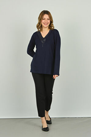 Detay Triko Kadın V Yaka Taş Süslemeli Uzun Kol Bluz 4588 Lacivert