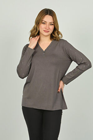 Detay Triko Kadın V Yaka Kolları ve Yakası İşlemeli Uzun Kol Bluz 4508 Gri