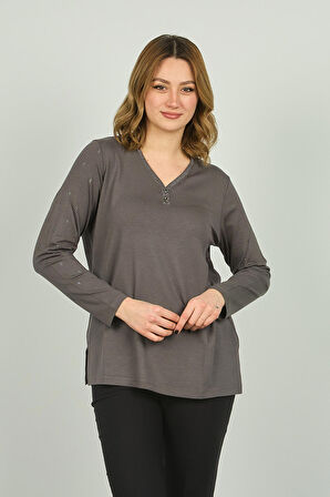 Detay Triko Kadın V Yaka Kolları ve Yakası İşlemeli Uzun Kol Bluz 4508 Gri